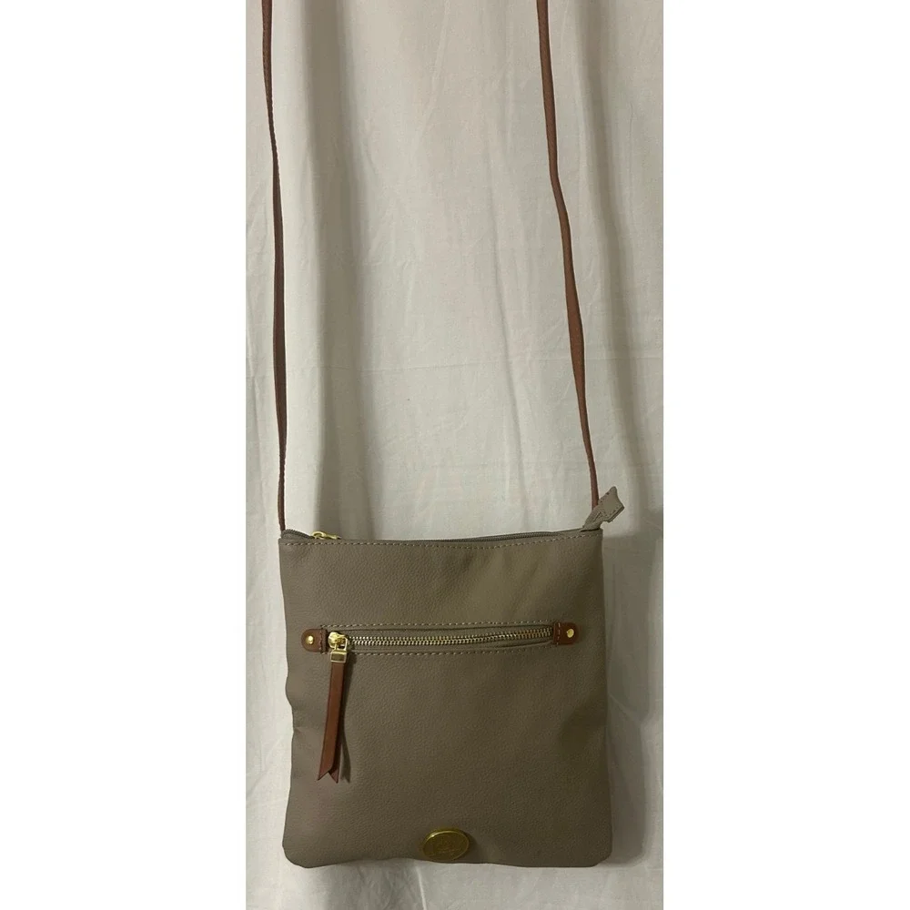 Joy Mangano Taupe Pebbled Leather Crossbody Bag Gold Logo Adjustable Strap
